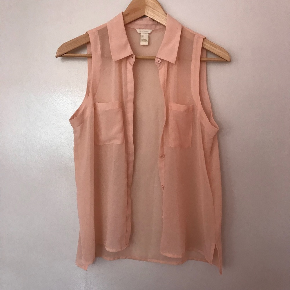 Sheer Pink Sleeveless Button Up Blouse - Size S